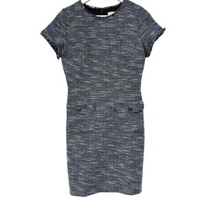 LOFT Tweed Blue Black White Fringe Sheath Career Dress Women's Size 6 NWT